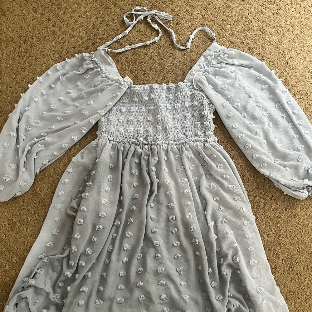 Pink blush Light Blue Textured Dot Smocked Square Neck Chiffon Maternity Dress